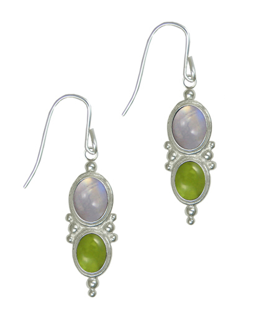 Sterling Silver Drop Dangle Earrings With Rainbow Moonstone And Peridot